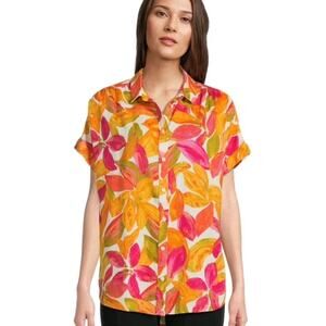 Time and Tru Floral Tropical Linen Lyocell Blend Short Sleeve Button Shirt